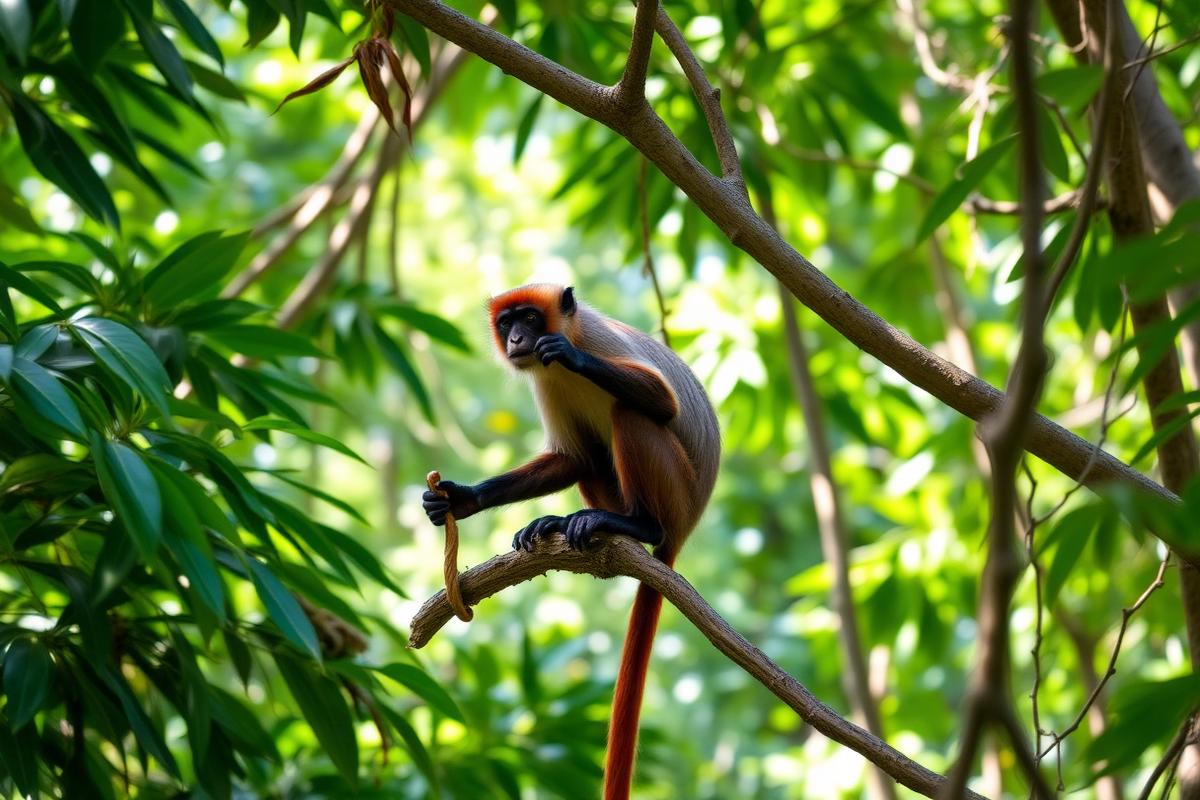 Red colobus monkey in the canopy of Jozani forest